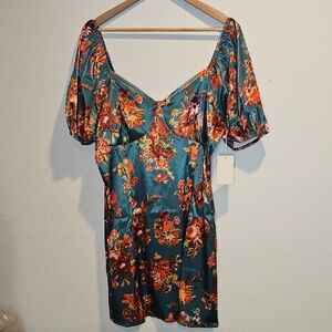 NWT Joyfolie Kyra Dress In Agean Ikat XL Mini Puff Sleeve Satin Feel